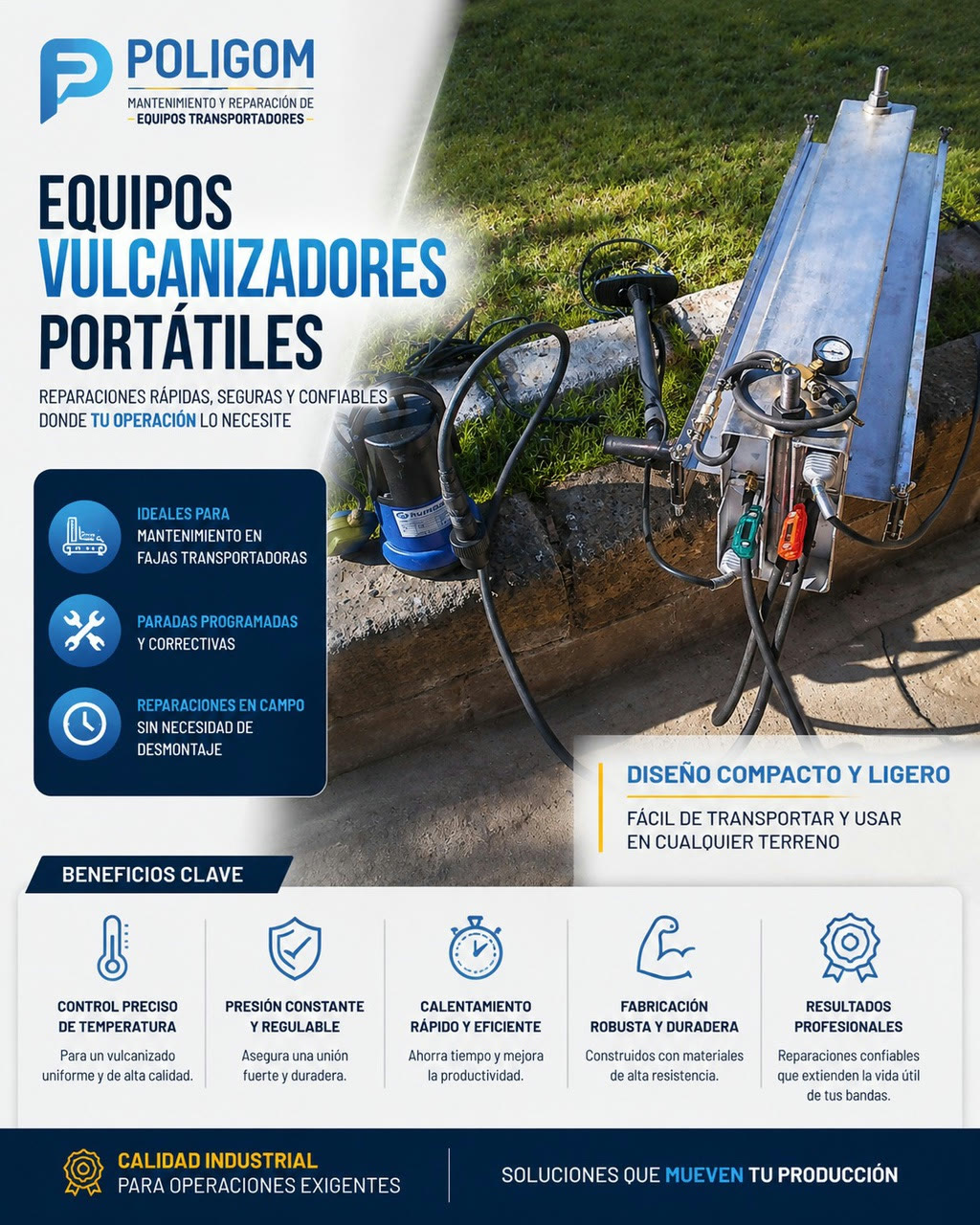Vulcanizador portátil compacto para reparación de correas en terreno